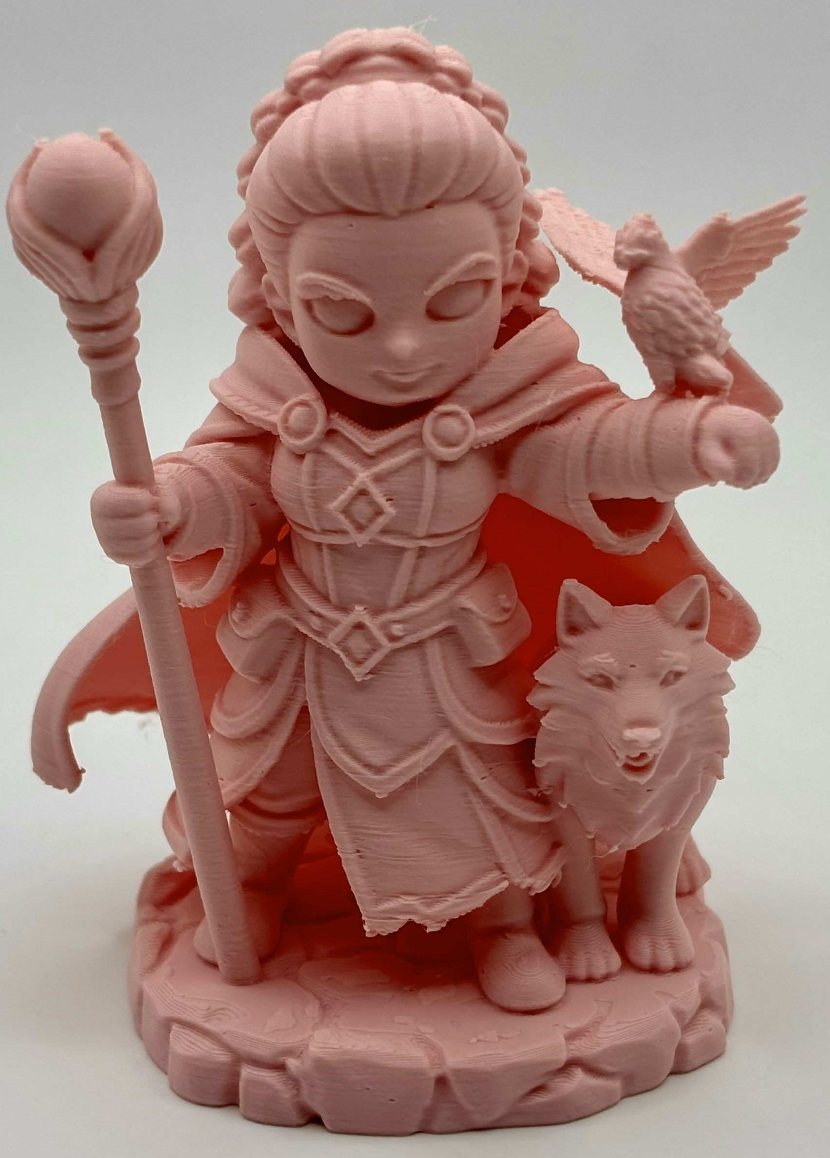 3D printed wolf enchantress fantasy miniature with staff and animal 			    companions by Onyx 3D Printing