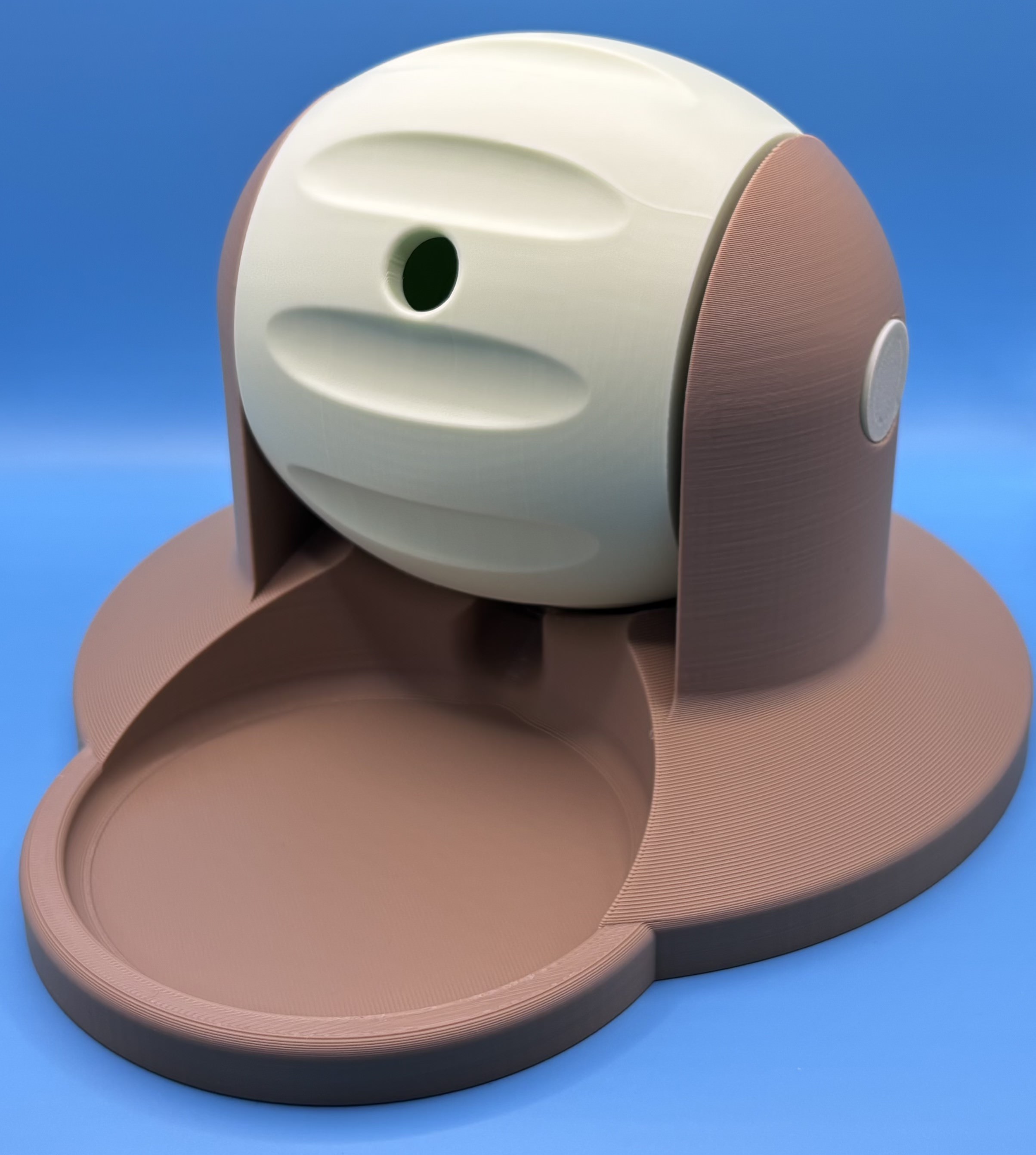 3D printed dog enrichment toy with textured outer shell and removable treat 	ball