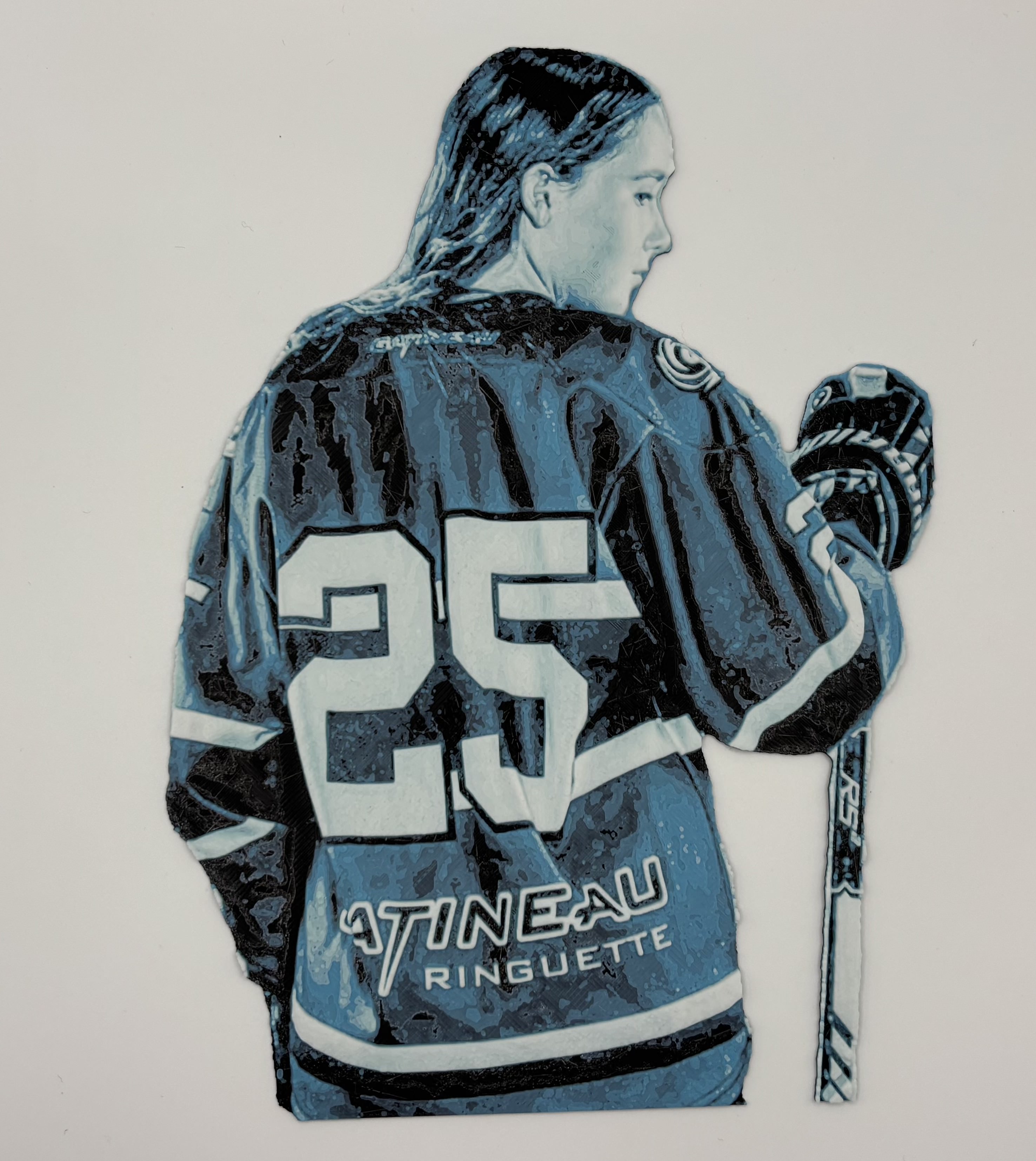 Custom HueForge 3D printed wall art portrait of a hockey player wearing a 			Gatineau Ringette jersey with number 25, personalized sports artwork