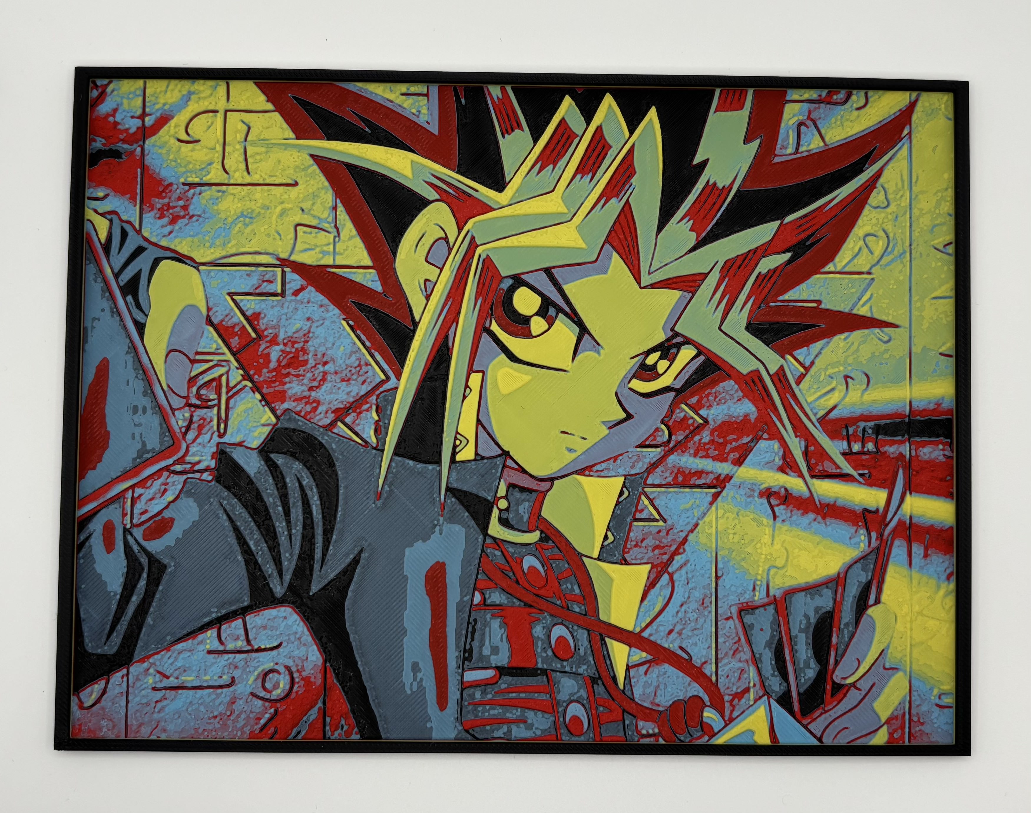 HueForge 3D printed anime wall art of a spiky-haired duelist character in a dynamic pose 		with bold red, yellow, and blue colours