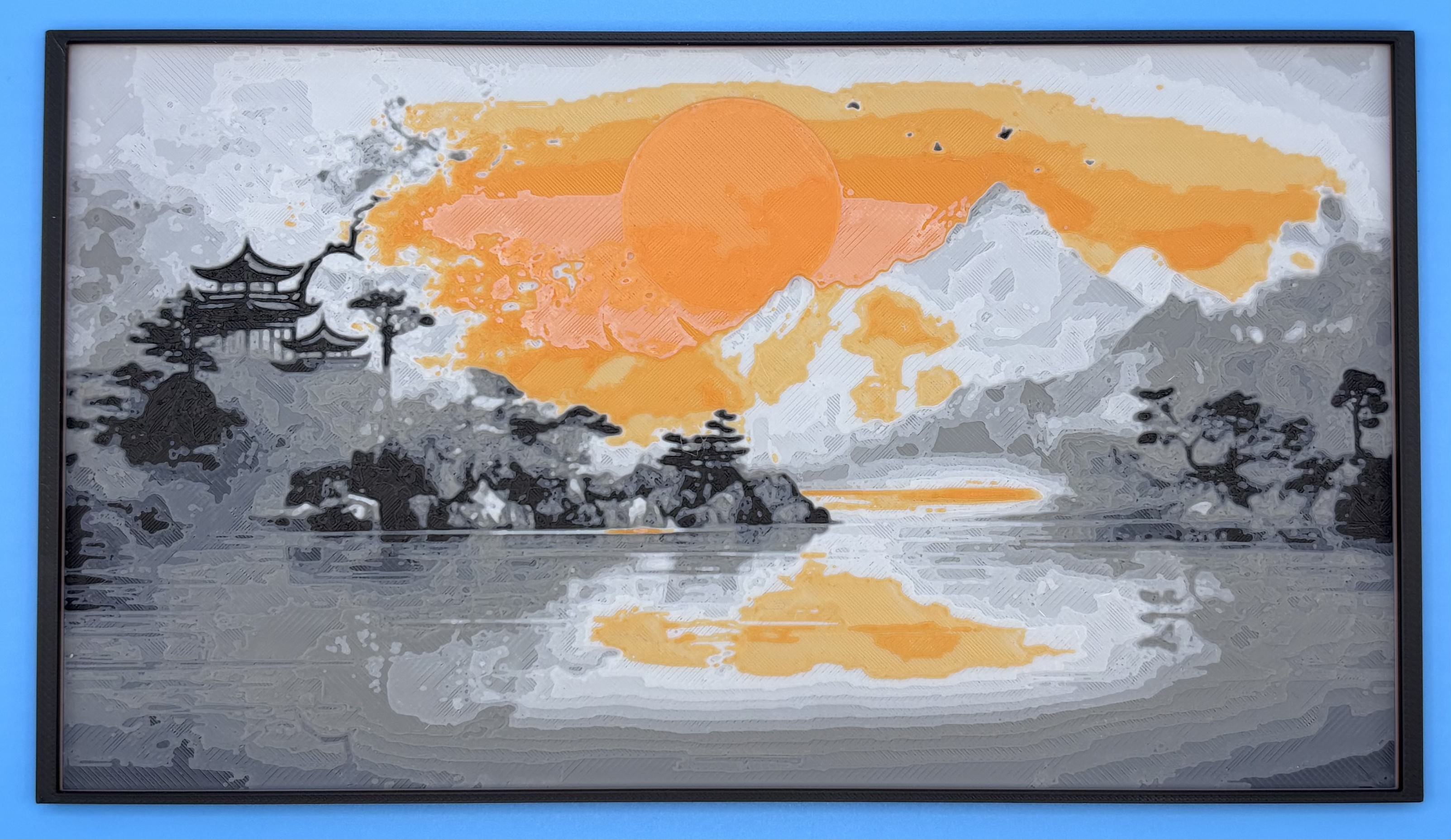 3D printed HueForge style wall art featuring a Japanese landscape with mountains, temple, and orange sun