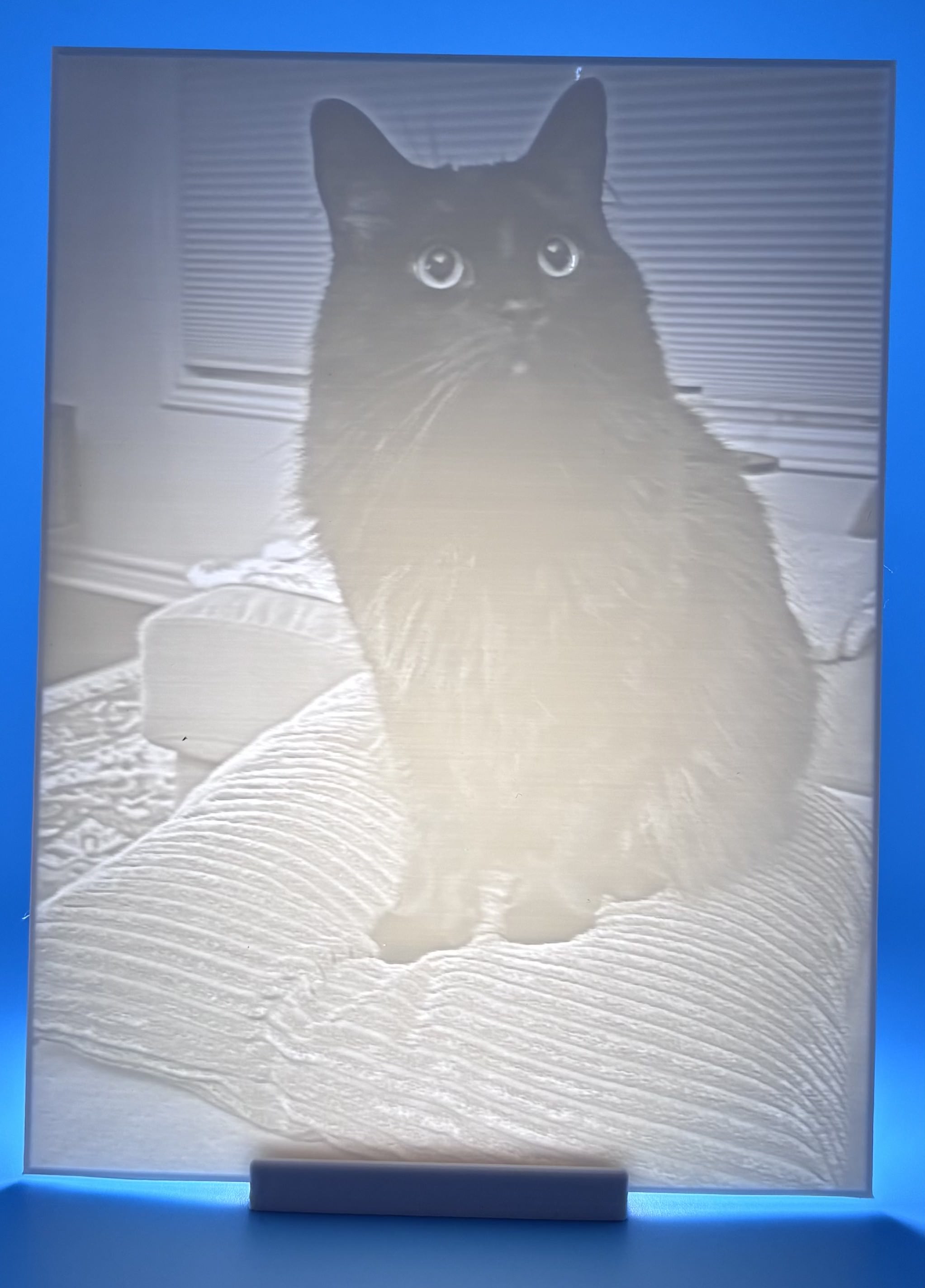 Custom 3D printed lithophane portrait of a black cat sitting on a couch