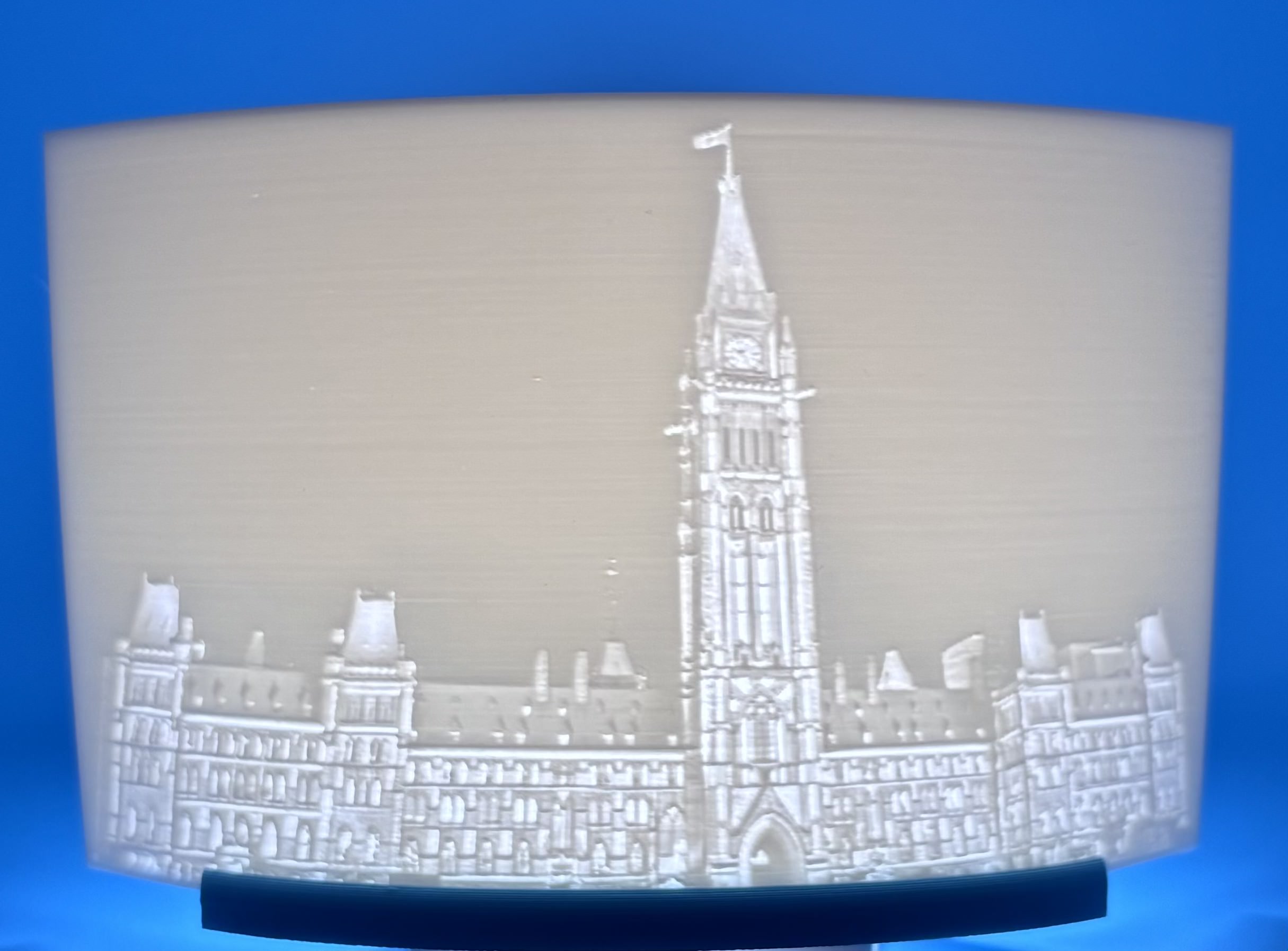3D printed lithophane of Parliament Hill in Ottawa with detailed architectural relief
