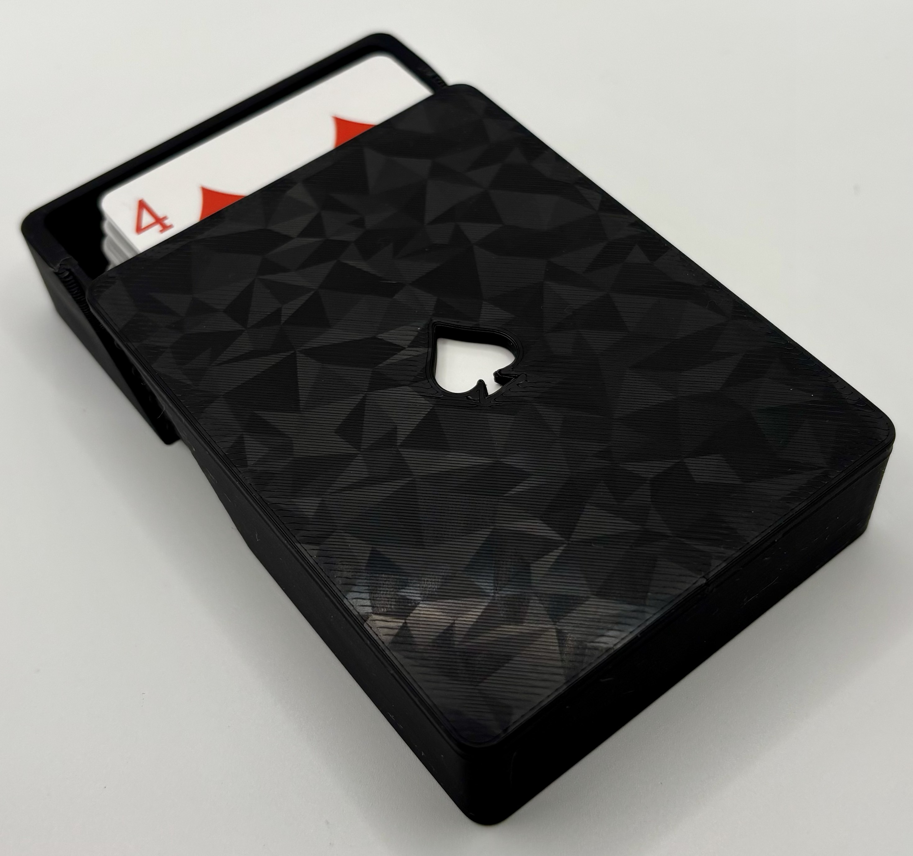 Custom 3D printed card deck case featuring geometric patterned lid by Onyx 3D Printing