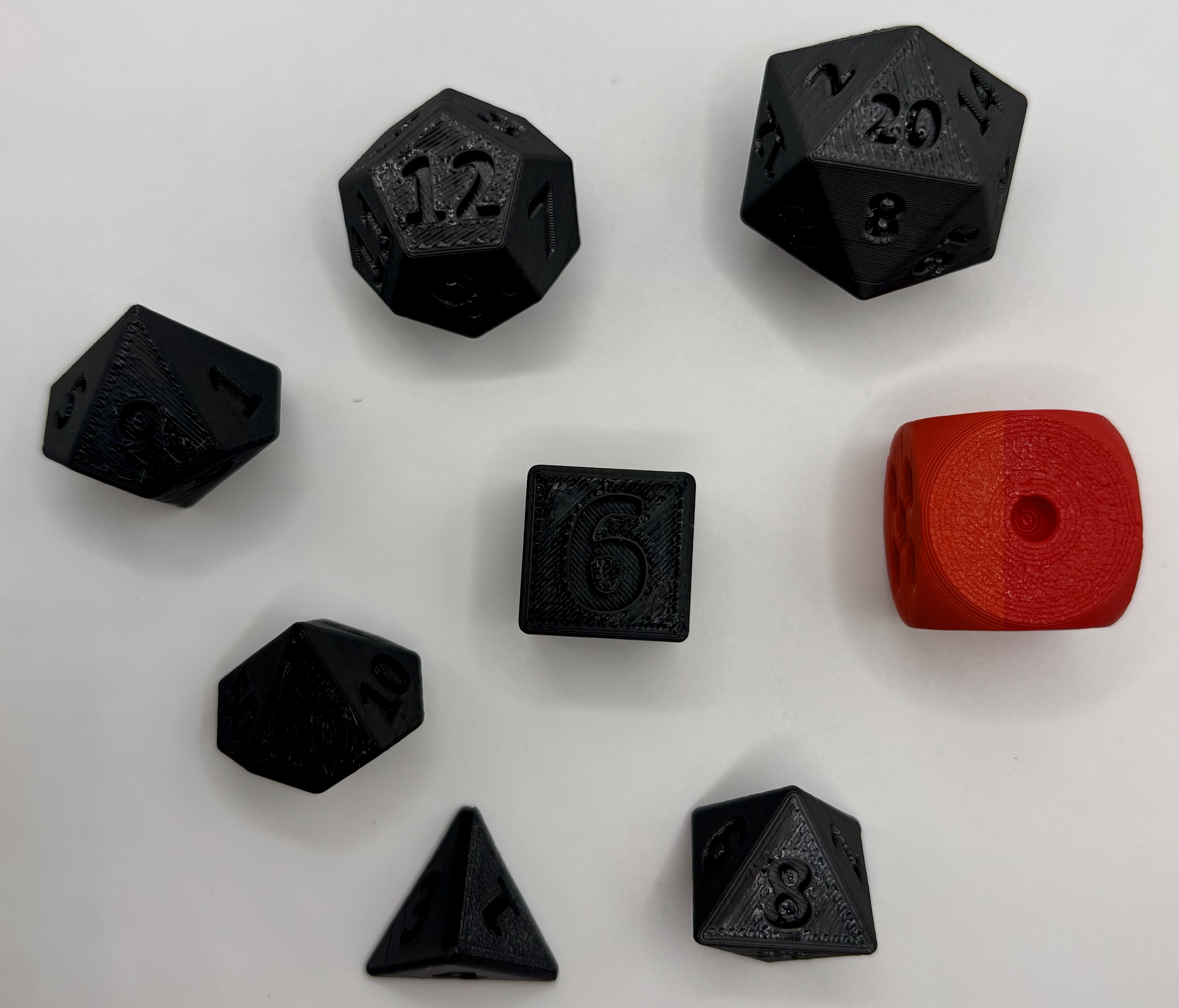 Set of 3D printed polyhedral tabletop dice in multiple sizes for board games and RPGs by Onyx 3D Printing