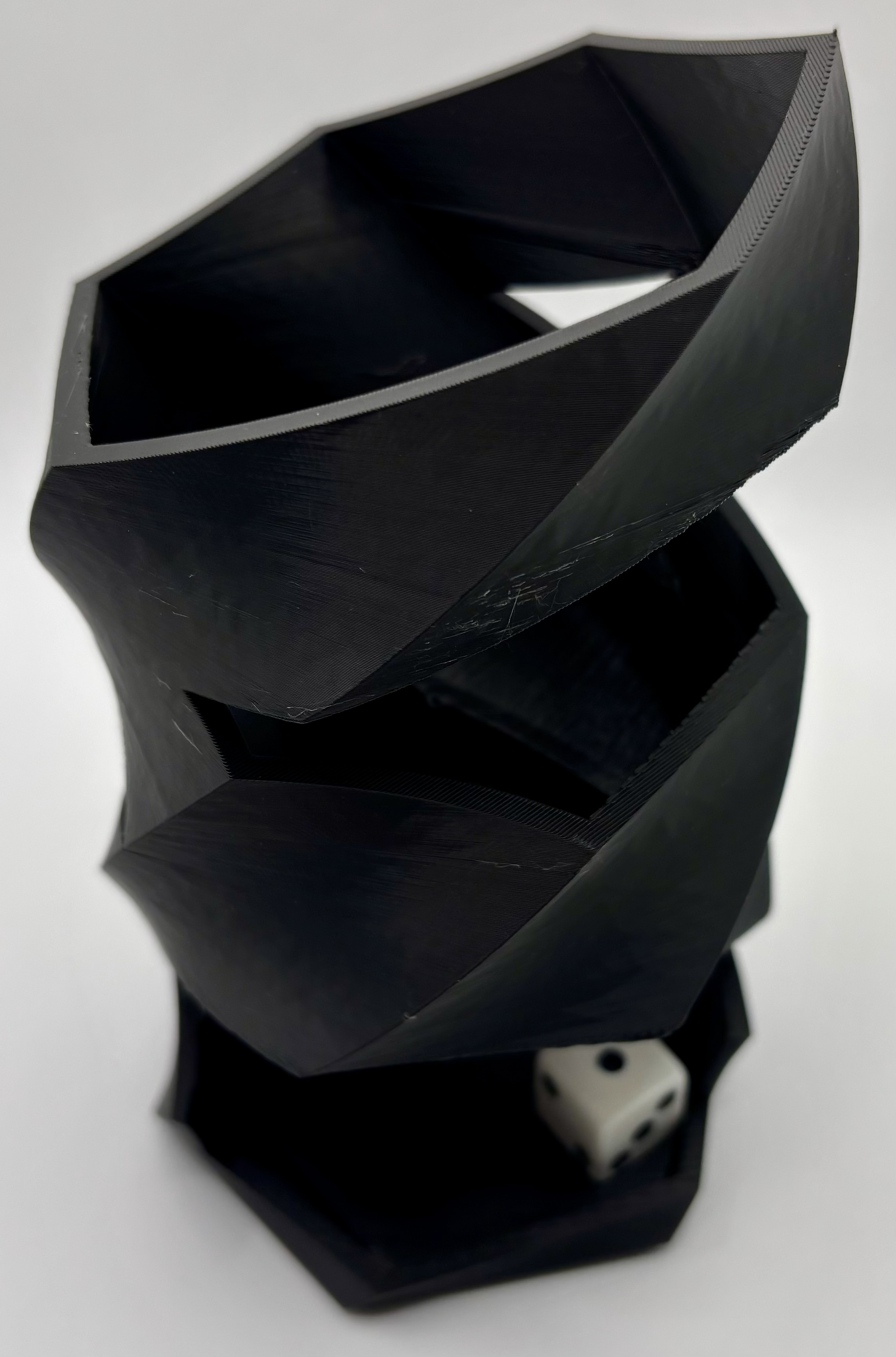 Geometric hexagonal dice tower 3D printed for tabletop games by Onyx 3D Printing