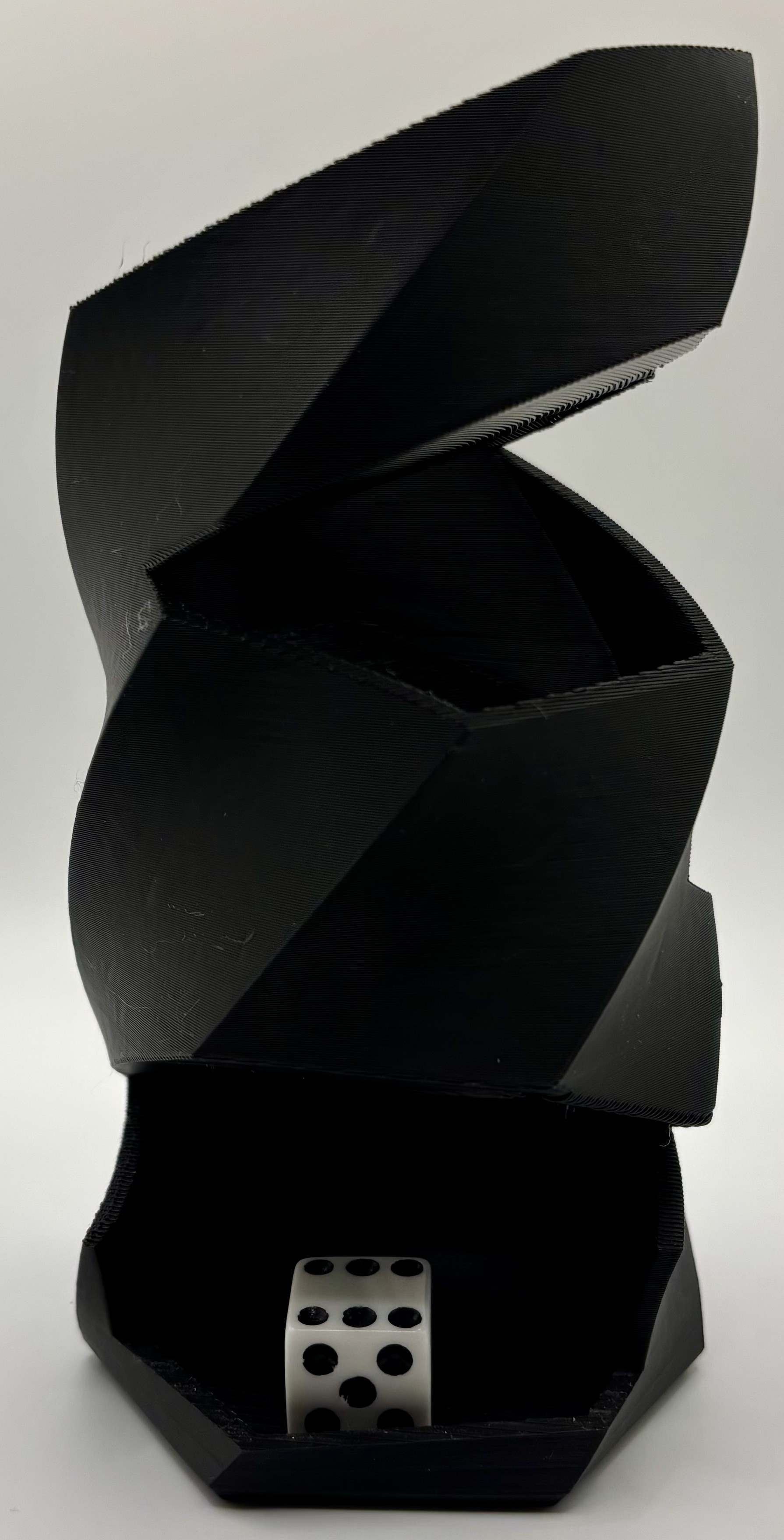 Hexagonal 3D printed dice tower with internal tumbling chute by Onyx 3D Printing